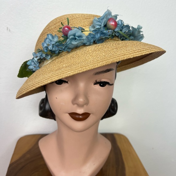BLUE FLORAL 50’s 50s Cherries Berries & Pearls Vintage Straw Brimmed Sunhat Hat - Picture 10 of 16